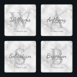 Lot De Dessous-de-verres Monogramme de script personnalisé et Groomsmen de<br><div class="desc">Ajoutez une touche personnelle à votre mariage avec un ensemble de dessous de verre de toiletteurs personnalisés. Ce jeu de dessous de verre comprend le nom de toiletteur personnalisé dans le style de police de script classique gris avec des détails mariages dans le style de police serif classique gris et...</div>