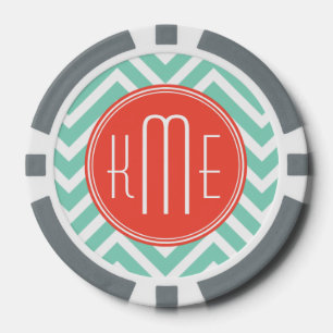 Lot De Jeton De Poker Chic Aqua Green Chevron et Orange Custom Monogram