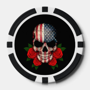 Lot De Jeton De Poker Crâne de drapeau américain avec les roses rouges
