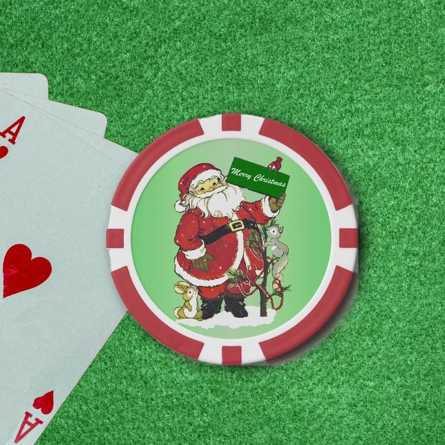 Lot De Jeton De Poker Santa Claus mignons Animaux Joyeux Noël (Cute Santa Claus in snow little animals decorated tree Merry Christmas sign on green poker chips.)