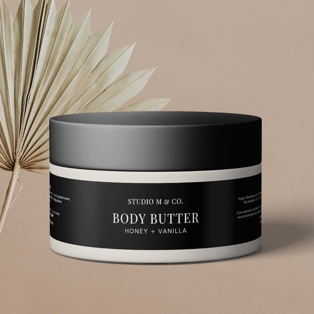 Lotion corporelle noire moderne 4OZ Étiquette d'en (Simple, yet stylish, fully editable product label for cosmetic jars)