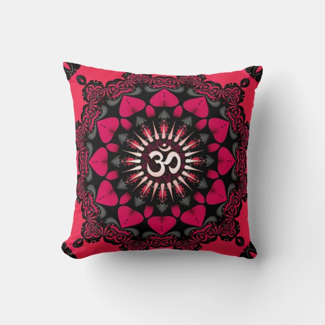 Lotus Love OM Mandala Pink Black Cushion / Coussin (Recto)