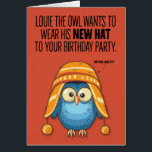 Louie the Owl's Funny New Casquette Birthday Card<br><div class="desc">Jolie couverture de dessin animé sur un arrière - plan rouge chaud présente Louie le Chouette et son nouveau casquette stupide. Une carte d'anniversaire inoubliable pour amis,  parents et collègues.</div>