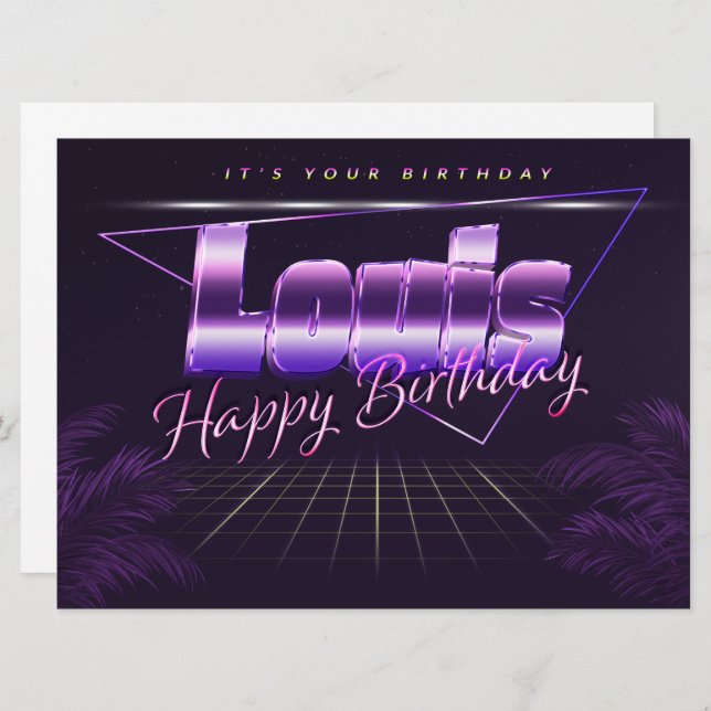 Louis Nom Prénom carte rétro violette Anniversaire (Devant / Derrière)