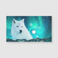 Loup arctique et nuit magique avec aurores boréale