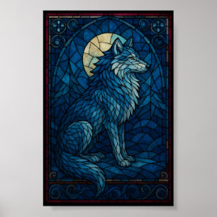 Loup bleu mystique – Art mural de style vitrail