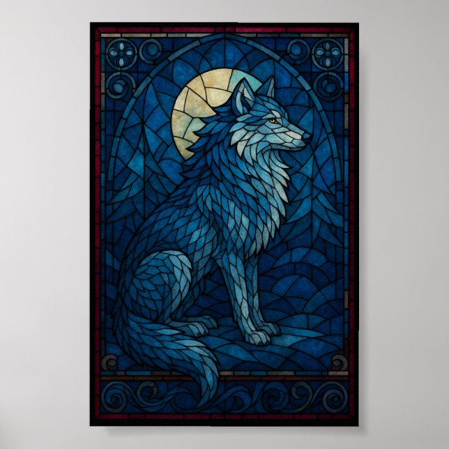 Loup bleu mystique – Art mural de style vitrail (Devant)