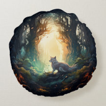 Loup dans une mystérieuse forêt coussin rond