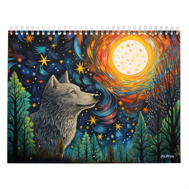 loup de la forêt de vitrail avec calendrier lunair (Protection)