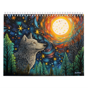 loup de la forêt de vitrail avec calendrier lunair
