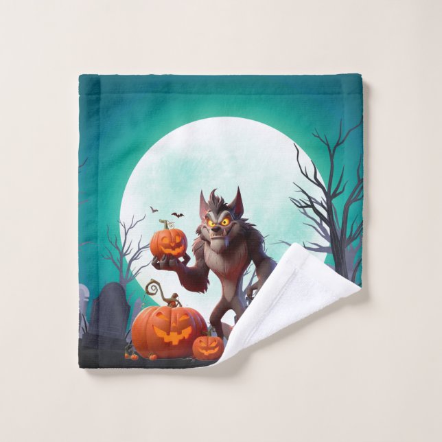 loup-garou et citrouilles d'Halloween (Gant de toilette)