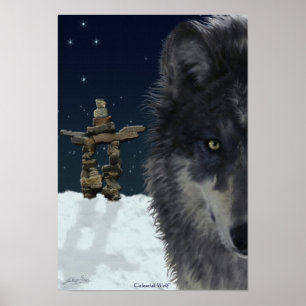 Loup gris, Inukshuk arctique & Stars Poster d'art