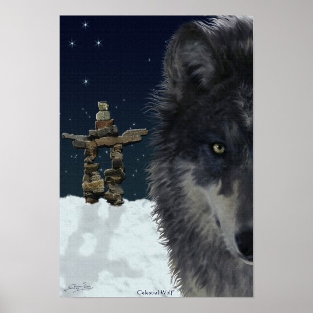 Loup gris, Inukshuk arctique & Stars Poster d'art (Devant)