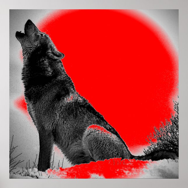 Loup hurlant à la lune Affiche Pop Art Rouge (Devant)