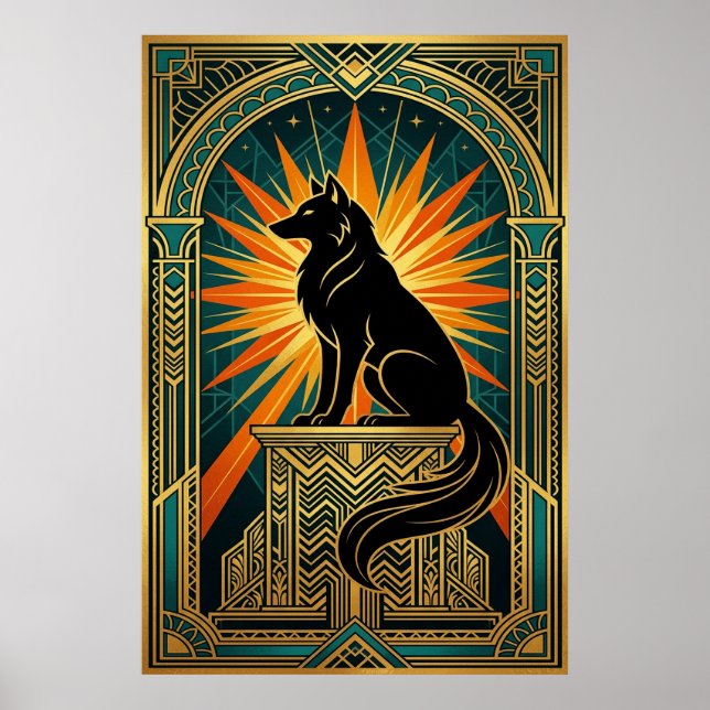 Loup hurlant Art déco soleil doré éclatant (Devant)