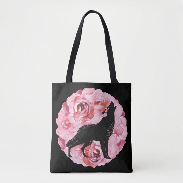 Loup noir avec le sac fourre-tout rose à roses (Devant)