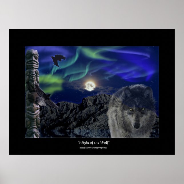 Loup, Ravens, Totem Pole & Aurora Poster d'Art (Devant)