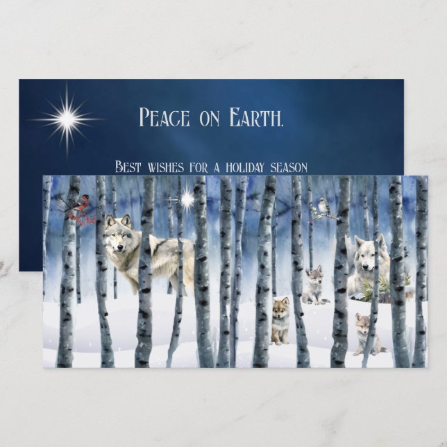 Loups en forêt d'hiver avec carte de Noël étoilée (Devant / Derrière)