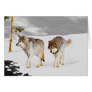 Loups en peinture sur neige - Art original de la f