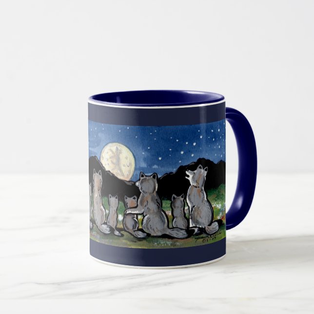 Loups hurlant à la lune Designer Mug bleu foncé (Devant droit)