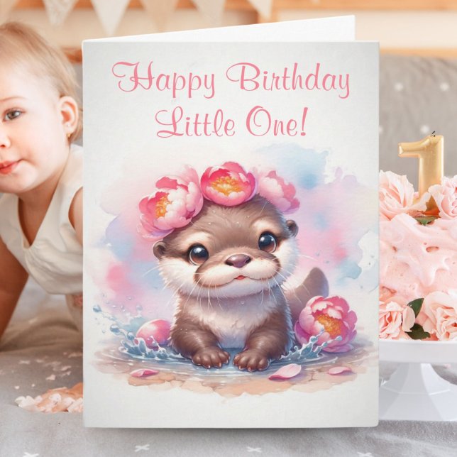 Loutre à l'aquarelle avec carte d'anniversaire aux (Adorable Otter wearing peonies on her head wishing someone a special Happy Birthday.)