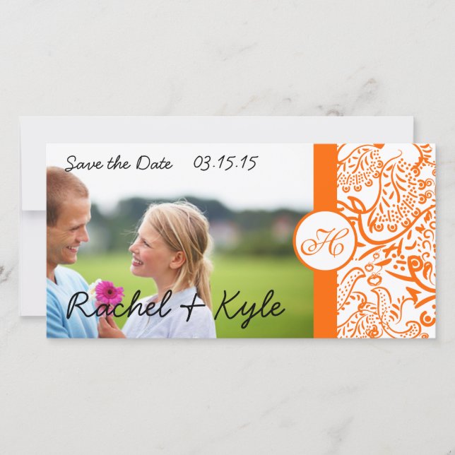 Love Birds Orange Damask Save the Date (Devant)