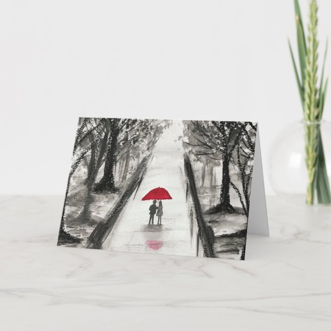 Love couple avec parapluie rouge Carte de voeux pl (Devant)