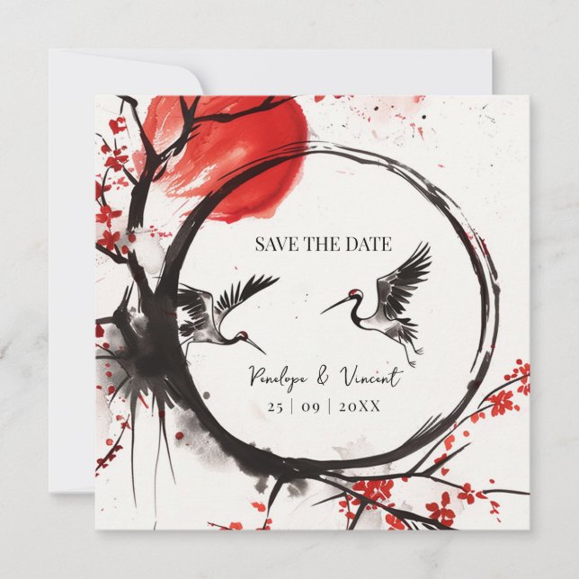 Love Cranes and Cherry Blossom Save the Date (Devant)