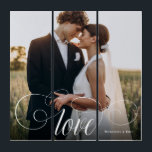 LOVE Élégante calligraphie Couple Mariage Photo<br><div class="desc">Elegant wedding keepsake for Newlyweds,  Valentine's Day,  engagement,  showcasing your favorite ct beau couple photo with script calligraphy reading LOVE over your custom text like names and / or date or a personal over a dark gradient to make the typographiy out .</div>