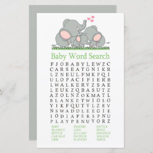 Love Elephants Baby shower Word Recherche Jeu