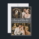 Love et Merci Typographie Mariage Photo<br><div class="desc">Elégant, minimal gris foncé main Lettré Mariage Carte de remerciements photo. Élégant modèle mariage avec trois photos sur le devant et une photo sur le dos. Avec le texte "Amour et merci" dans une tourbillonnant main lettrée police de script de typographie en blanc sur arrière - plan gris foncé. Personnalisez...</div>