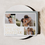 Love & Gratitude Gold Foil Mariage Carte de remerc<br><div class="desc">Les cartes de remerciement de mariage élégantes comportent un trio de photos mariages aux formes arrondies organiques pour un look boho moderne. "Avec amour et gratitude" apparaît dans le coin inférieur gauche de la feuille d'or en serif, avec vos noms en-dessous. Ajoutez un message personnel et une signature à l'arrière....</div>