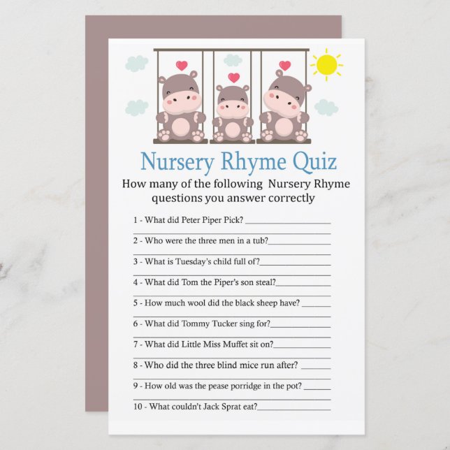 Love hippo Nursery Rhyme Quiz jeu de baby shower (Devant / Derrière)