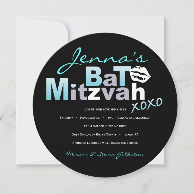 LOVE & KISSES Invitation Bat mitzvah Turquoise (Devant)