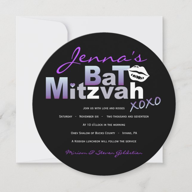 LOVE & KISSES Purple Bat mitzvah Invitation (Devant)