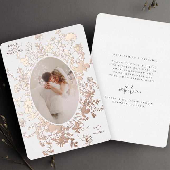 Love & Merci Floral Rose Gold Carte de remerciemen (Front & Back)