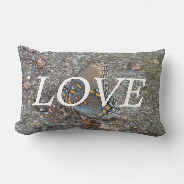LOVE, papillon bleu sur galets inspiration coussin (Recto)