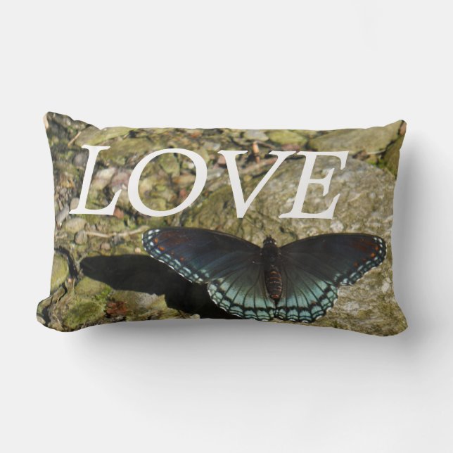 lOVE , papillon bleu sur galets oreiller d'inspira (Recto)