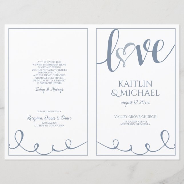 Love Script Coeur Programmes de mariage Dusty Blue (Devant)