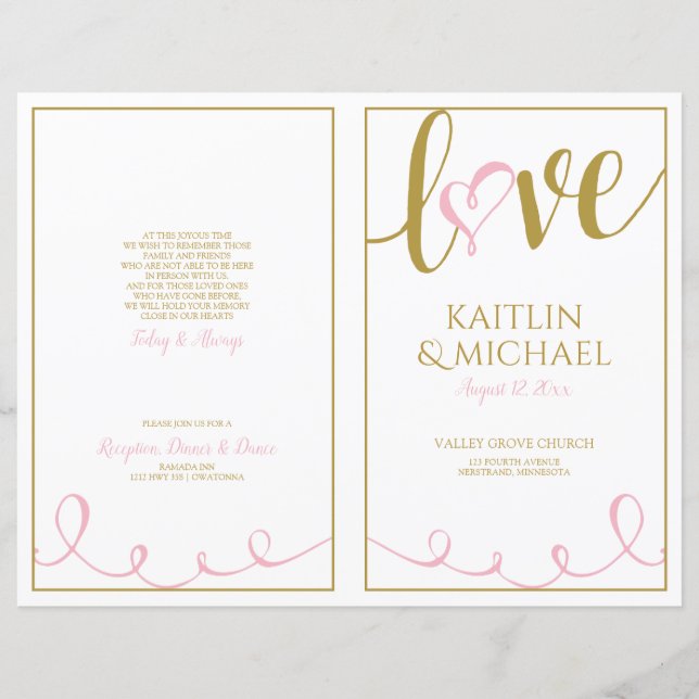 Love Script Coeur Programmes de mariage rose et or (Devant)