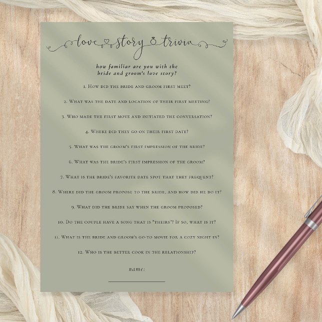 Love Story Trivia Fête des mariées Sage Carte de j (Printable Bridal Shower Game)
