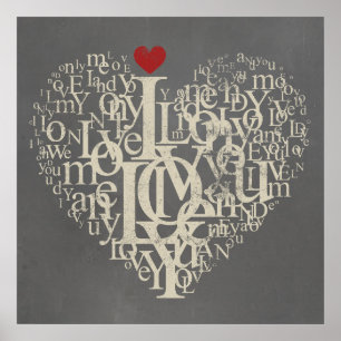 Love typographie texte coeur gris et rouge poster