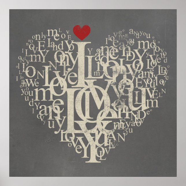 Love typographie texte coeur gris et rouge poster (Devant)