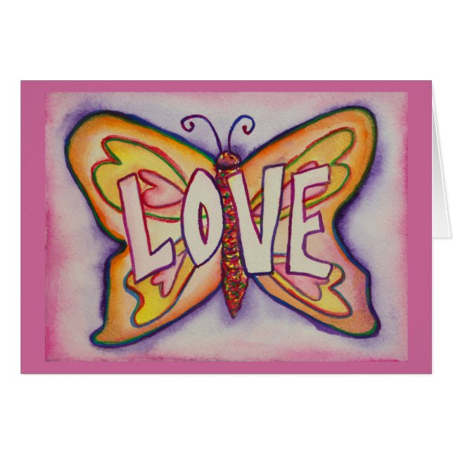 Love Word Pink Papillons de voeux ou cartes de not (Devant horizontal)