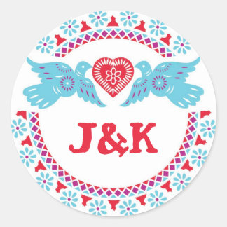 Lovebirds autocollant rond turquoise et rouge