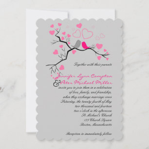 Lovebirds & Hearts rose, gris Faire-part de mariag