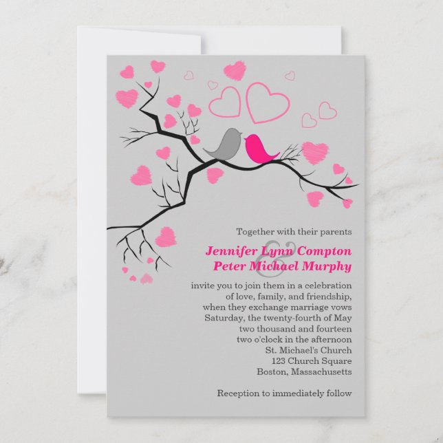 Lovebirds & Hearts roses, gris Faire-part de maria (Devant)