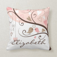 Lovebirds rose et Brown Coussin personnalisé