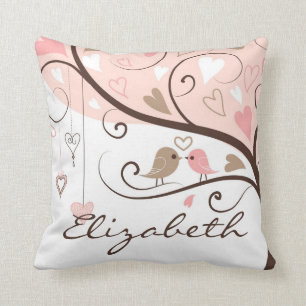Lovebirds rose et Brown Coussin personnalisé
