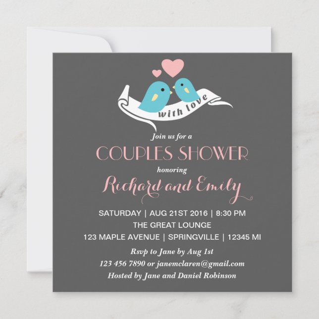 Lovebirds rose et gris Couples Show Invitation (Devant)
